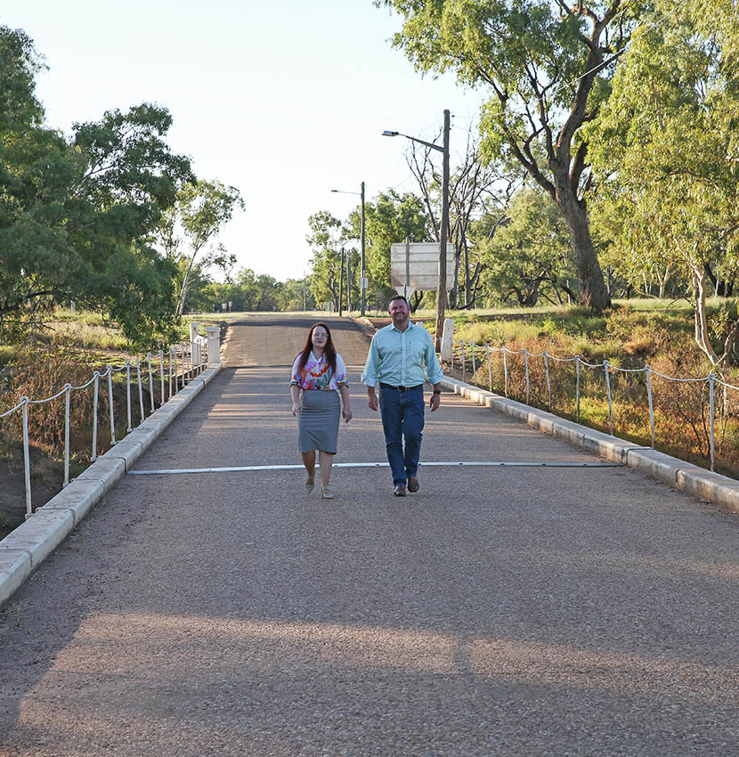 Shona and Shane walking across the Warrego River in Charleville